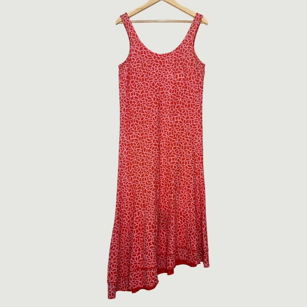 Fresh Produce Midi Dress 100% Cotton Small Red Pink Daisy Asymmetrical Hem USA